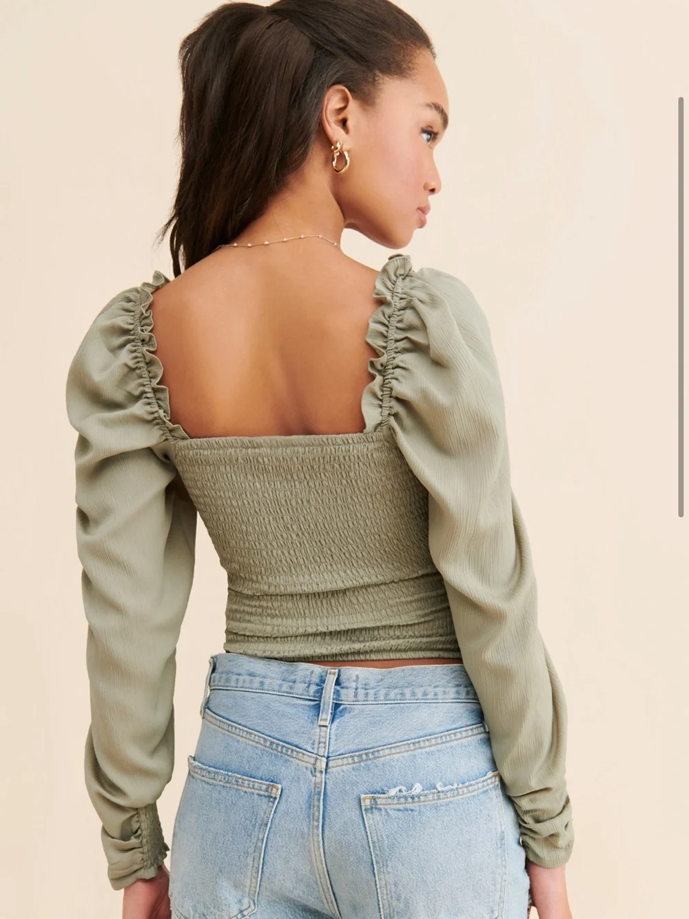 ASTR The Label Smocked Square-Neck Long Sleeve Top in Sage Green